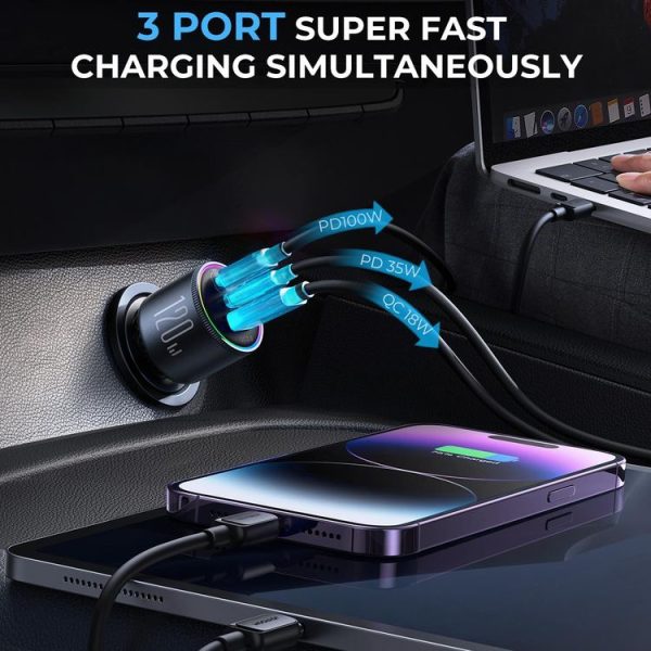 JOYROOM JR-CCN07 120W Dual PD+QC3.0 3-Port Car Charger (Dark Gray) - Image 3