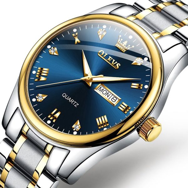 OLEVS 5563 Men Luminous Waterproof Quartz Watch (Blue + Gold) - Image 2