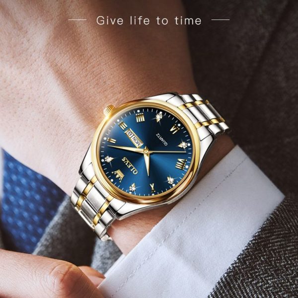 OLEVS 5563 Men Luminous Waterproof Quartz Watch (Blue + Gold) - Image 3