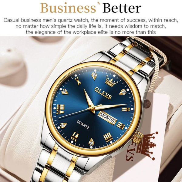 OLEVS 5563 Men Luminous Waterproof Quartz Watch (Blue + Gold) - Image 4