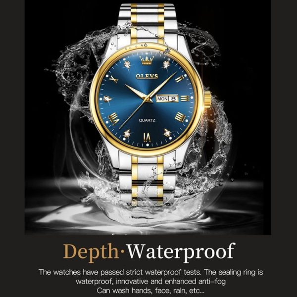 OLEVS 5563 Men Luminous Waterproof Quartz Watch (Blue + Gold) - Image 8