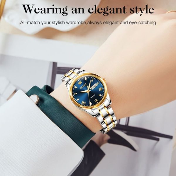 OLEVS 5563 Women Luminous Waterproof Quartz Watch (Blue + Gold) - Image 5