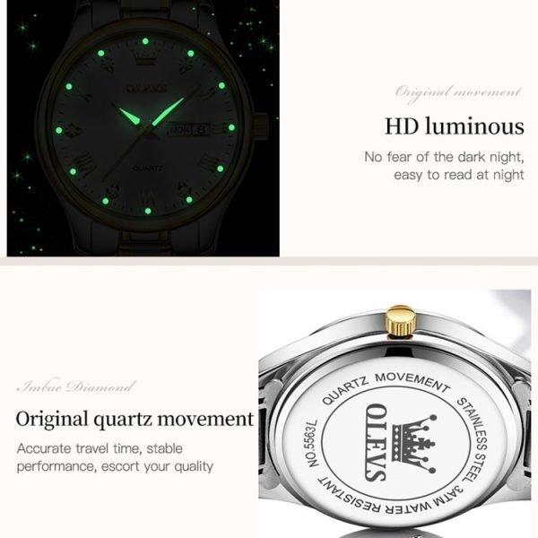 OLEVS 5563 Women Luminous Waterproof Quartz Watch (Blue + Gold) - Image 8