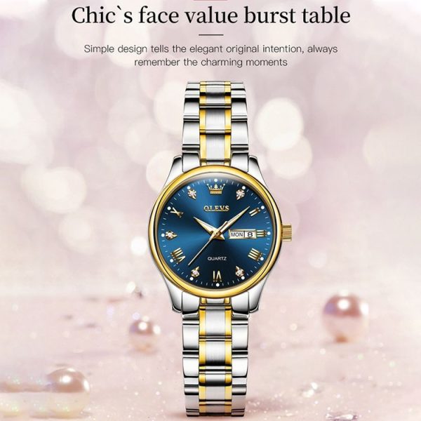 OLEVS 5563 Women Luminous Waterproof Quartz Watch (Blue + Gold) - Image 9