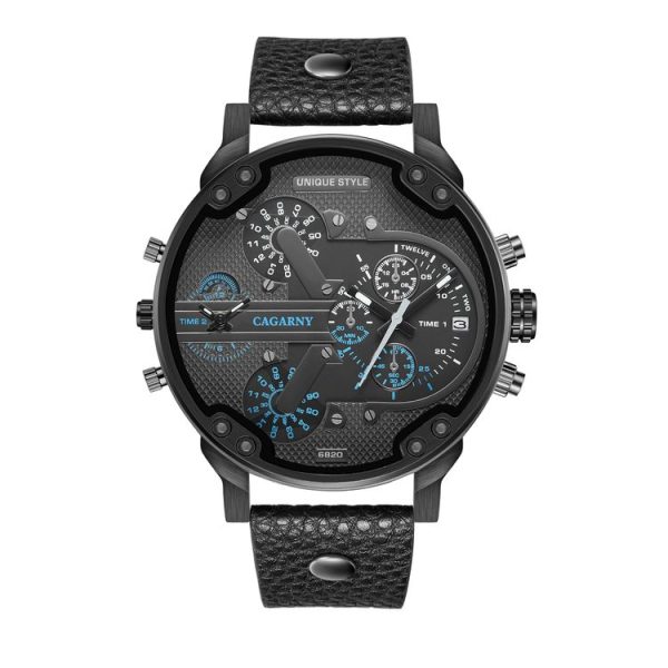 CAGARNY 6820 Men Dual Movement Blue Face Leather Strap Quartz Watch (Black)