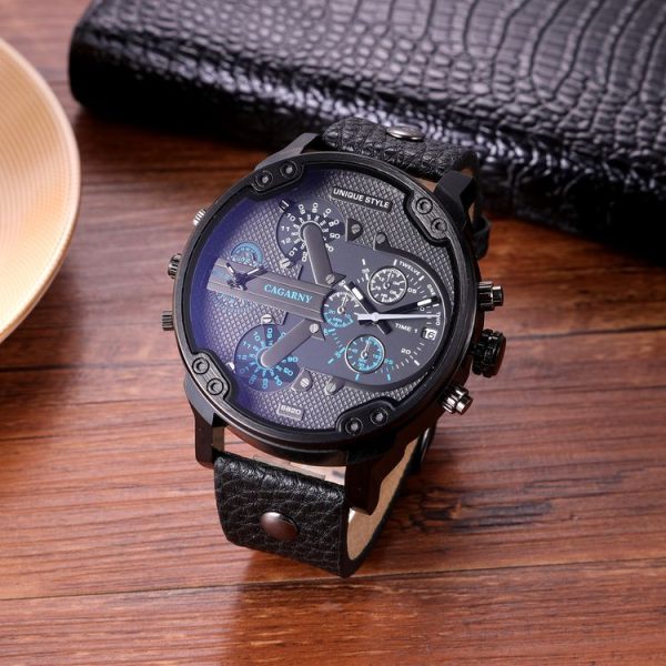 CAGARNY 6820 Men Dual Movement Blue Face Leather Strap Quartz Watch (Black) - Image 2