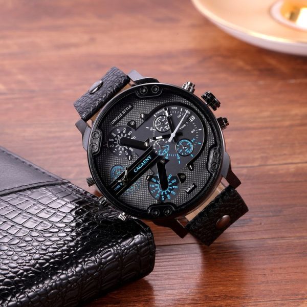 CAGARNY 6820 Men Dual Movement Blue Face Leather Strap Quartz Watch (Black) - Image 4