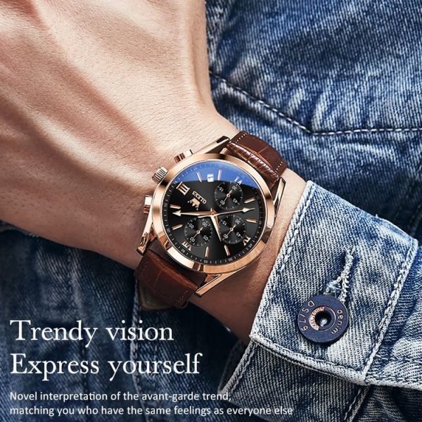 OLEVS 2872 Men Three Eyes Six Needles Chronograph Waterproof Quartz Watch (Black + Rose Gold) - Image 10
