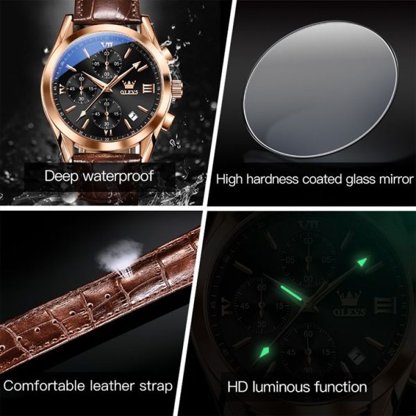 OLEVS 2872 Men Three Eyes Six Needles Chronograph Waterproof Quartz Watch (Black + Rose Gold) - Image 11