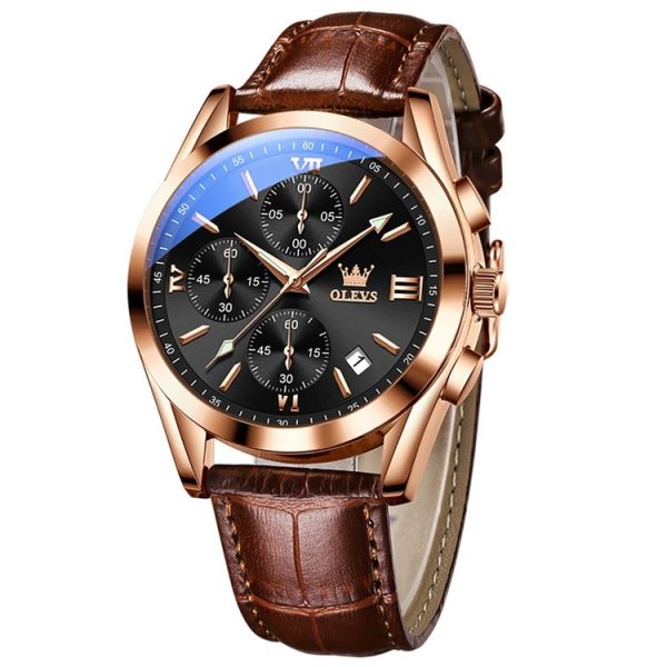 OLEVS 2872 Men Three Eyes Six Needles Chronograph Waterproof Quartz Watch (Black + Rose Gold) - Image 2