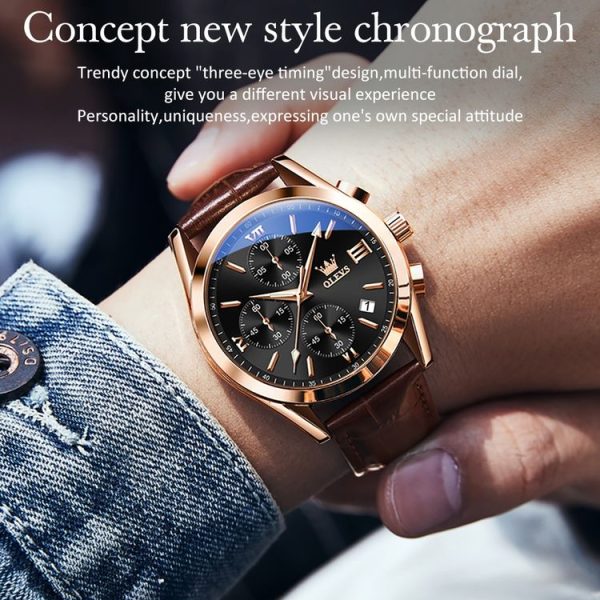 OLEVS 2872 Men Three Eyes Six Needles Chronograph Waterproof Quartz Watch (Black + Rose Gold) - Image 3