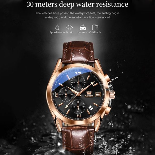 OLEVS 2872 Men Three Eyes Six Needles Chronograph Waterproof Quartz Watch (Black + Rose Gold) - Image 6