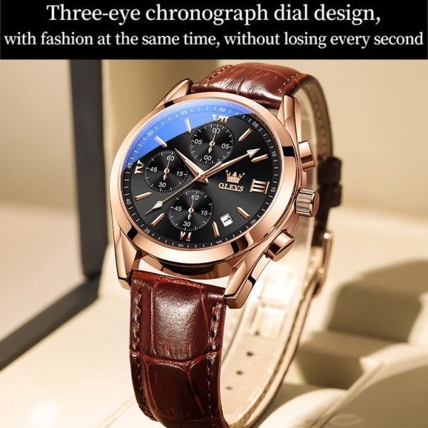 OLEVS 2872 Men Three Eyes Six Needles Chronograph Waterproof Quartz Watch (Black + Rose Gold) - Image 8