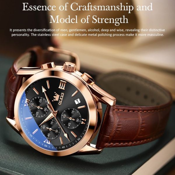 OLEVS 2872 Men Three Eyes Six Needles Chronograph Waterproof Quartz Watch (Black + Rose Gold) - Image 9