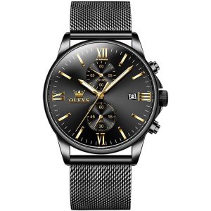 OLEVS 2886 Men Sports Chronograph Waterproof Luminous Quartz Watch (Black Gold Mesh Strip)