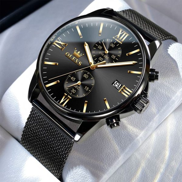 OLEVS 2886 Men Sports Chronograph Waterproof Luminous Quartz Watch (Black Gold Mesh Strip) - Image 2