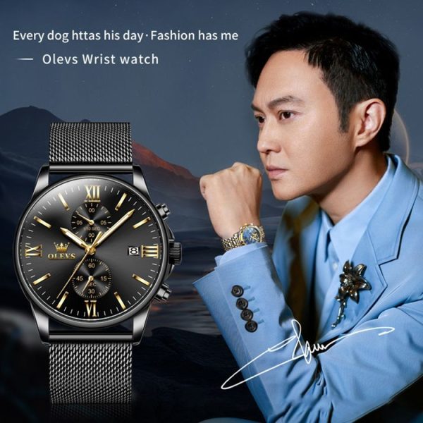 OLEVS 2886 Men Sports Chronograph Waterproof Luminous Quartz Watch (Black Gold Mesh Strip) - Image 3