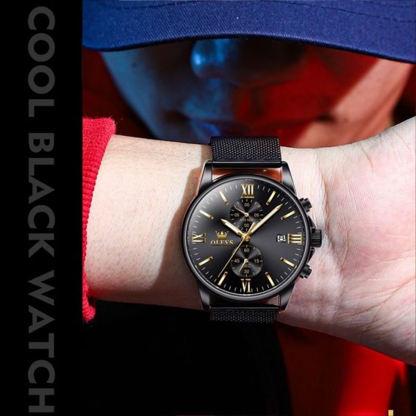 OLEVS 2886 Men Sports Chronograph Waterproof Luminous Quartz Watch (Black Gold Mesh Strip) - Image 4