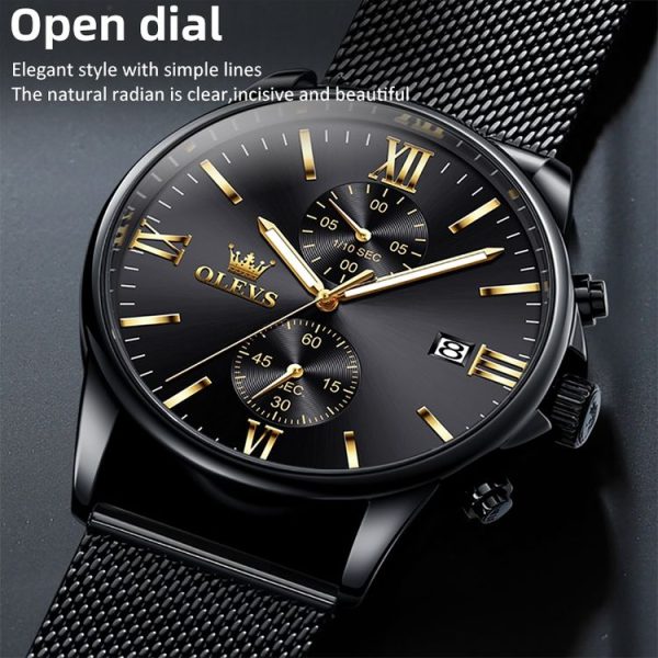 OLEVS 2886 Men Sports Chronograph Waterproof Luminous Quartz Watch (Black Gold Mesh Strip) - Image 5