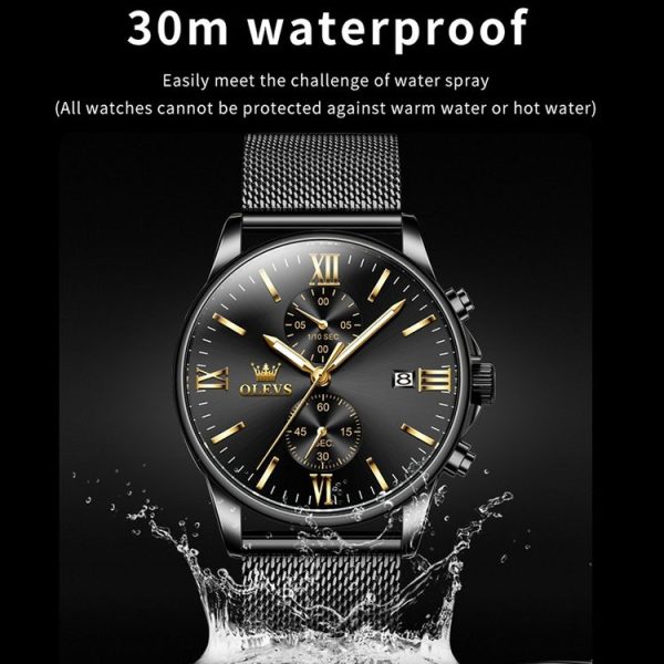 OLEVS 2886 Men Sports Chronograph Waterproof Luminous Quartz Watch (Black Gold Mesh Strip) - Image 6