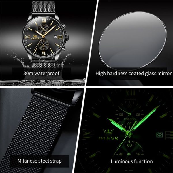 OLEVS 2886 Men Sports Chronograph Waterproof Luminous Quartz Watch (Black Gold Mesh Strip) - Image 7