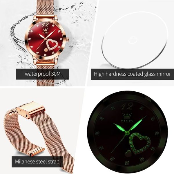 OLEVS 5189 Women Heart Shape Waterproof Quartz Watch (Red) - Image 11
