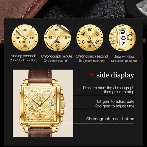 OLEVS 9925 Men Square Dial Multifunctional Waterproof Quartz Watch (Gold) - Image 11