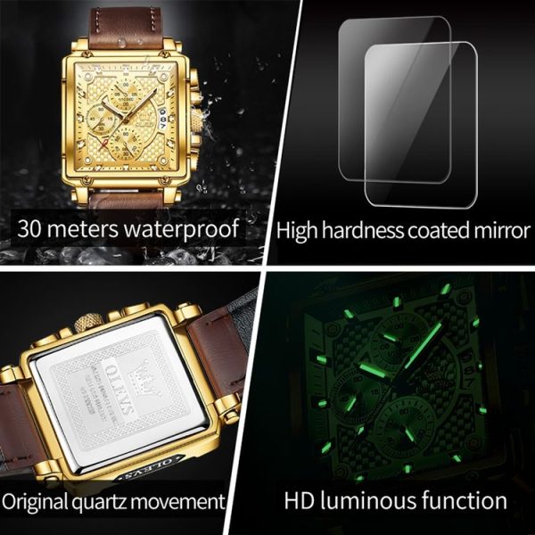 OLEVS 9925 Men Square Dial Multifunctional Waterproof Quartz Watch (Gold) - Image 13
