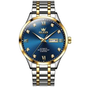 OLEVS 9946 Men Diamond Roman Scale Waterproof Quartz Watch (Blue + Gold)