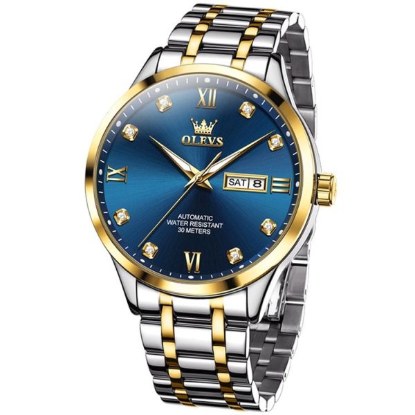 OLEVS 9946 Men Diamond Roman Scale Waterproof Quartz Watch (Blue + Gold) - Image 2