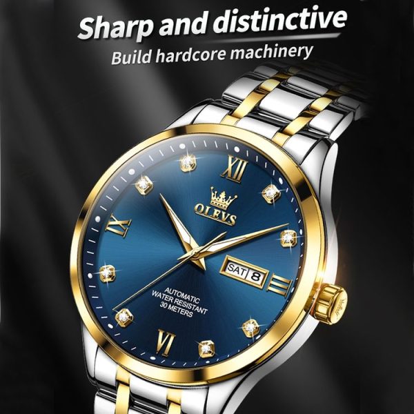 OLEVS 9946 Men Diamond Roman Scale Waterproof Quartz Watch (Blue + Gold) - Image 4