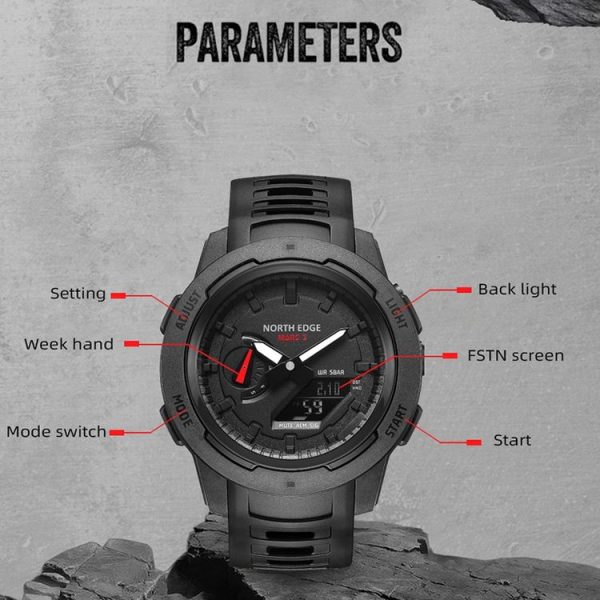 NORTH EDGE MARS3 Outdoor Waterproof Men Carbon Fiber Electronic Sports Watch (Black) - Image 4
