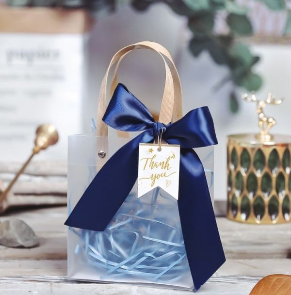 Gift Bag Transparent Packaging Bag, Blue Ribbon+Hanging Tag+Lafite Grass, Size: L