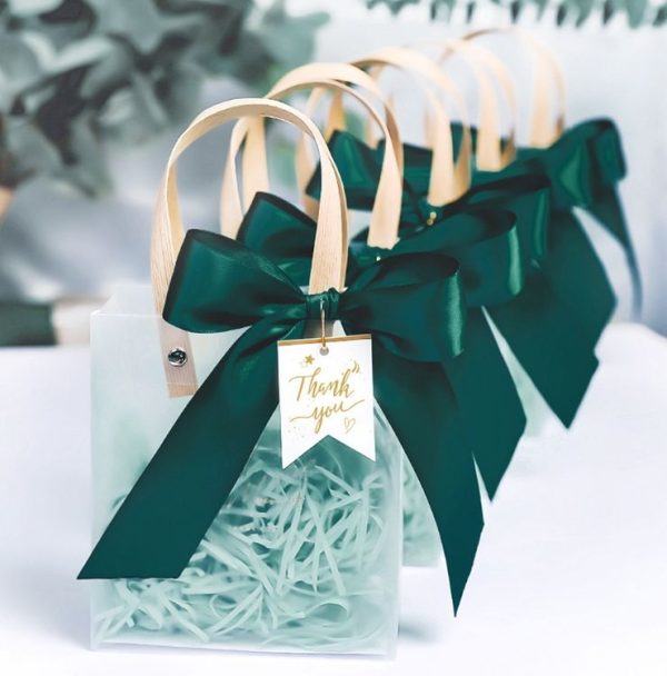 Gift Bag Transparent Packaging Bag, Green Ribbon+Hanging Tag+Lafite Grass, Size: L