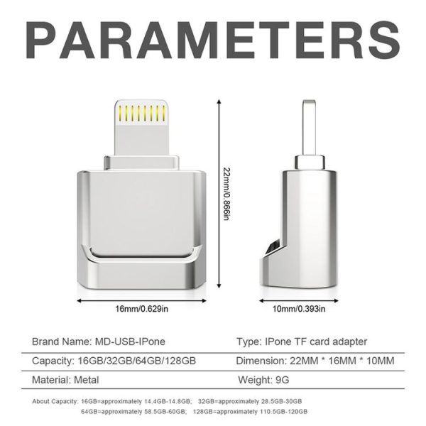 MicroDrive 8pin To TF Card Adapter Mini iPhone & iPad TF Card Reader, Capacity: 128GB (Silver) - Image 7