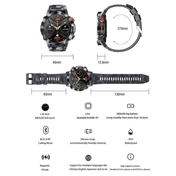 K59 IP67 BT5.0 1.43inch Smart Watch Support Voice Call / Sleep Detection (Camo Green) - Image 2