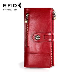 3513 Antimagnetic RFID Multi-function Retro Leather Lady Wallet Large-capacity Purse with Card Holder (Red)
