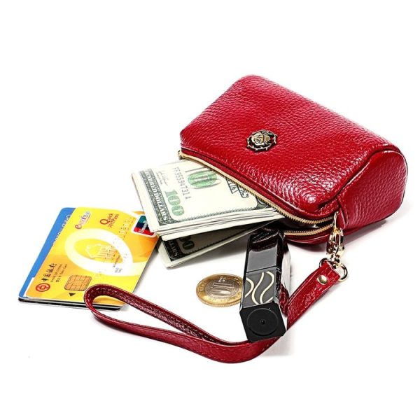 2033 Lady Portable Zipper Leather Wallet Purse Small Cosmetic Bag with Lanyard (Red) - Image 2