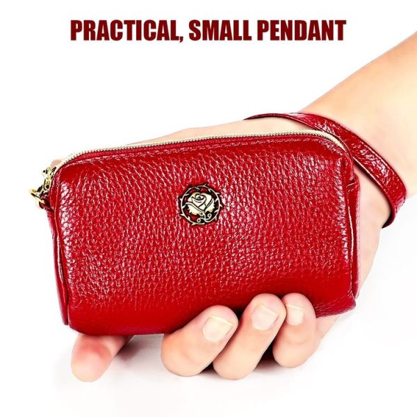 2033 Lady Portable Zipper Leather Wallet Purse Small Cosmetic Bag with Lanyard (Red) - Image 4