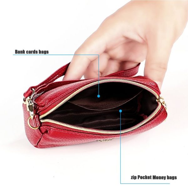 2033 Lady Portable Zipper Leather Wallet Purse Small Cosmetic Bag with Lanyard (Red) - Image 5