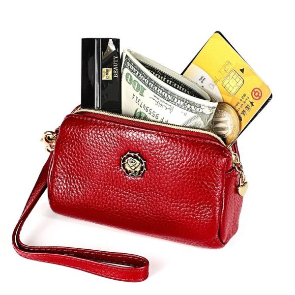 2033 Lady Portable Zipper Leather Wallet Purse Small Cosmetic Bag with Lanyard (Red) - Image 6
