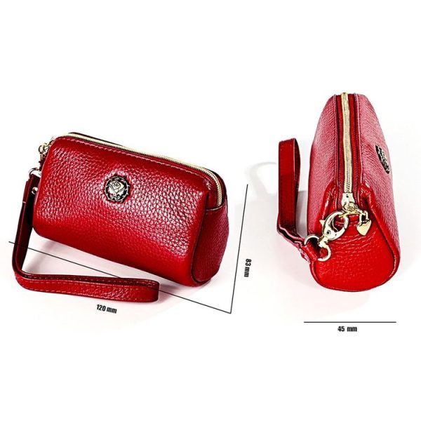 2033 Lady Portable Zipper Leather Wallet Purse Small Cosmetic Bag with Lanyard (Red) - Image 8