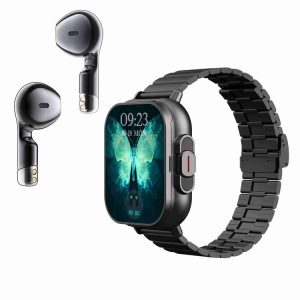 D8 2.01 inch 2 in 1 Bluetooth Earphone Steel Band Smart Watch, Support Health Monitoring / NFC (Black)