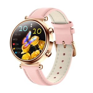 T86 Woman Health 1.27 inch Smart Watch, BT Call / Physiological Cycle / Heart Rate / Blood Pressure / Blood Glucose / SOS (Rose Gold Pink Leather)