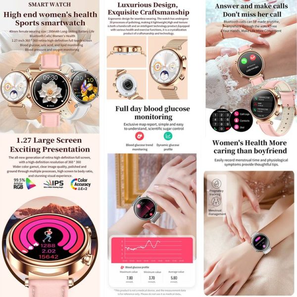T86 Woman Health 1.27 inch Smart Watch, BT Call / Physiological Cycle / Heart Rate / Blood Pressure / Blood Glucose / SOS (Rose Gold Pink Leather) - Image 6