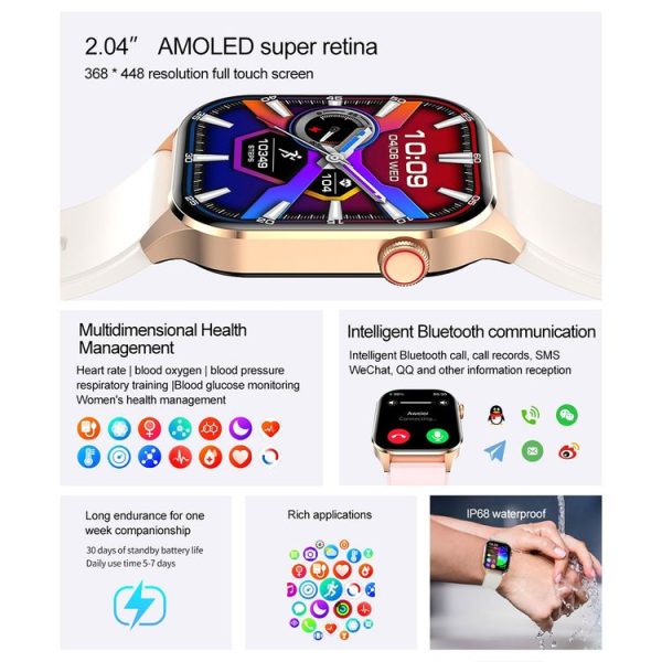T98 2.04 inch IP68 Waterproof Bluetooth Call Smart Watch, Support Blood Oxygen Monitoring (Black) - Image 4