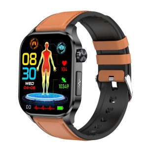 ET580 2.04 inch AMOLED Screen Sports Smart Watch Support Bluetooth Call / ECG Function (Brown Leather Band)