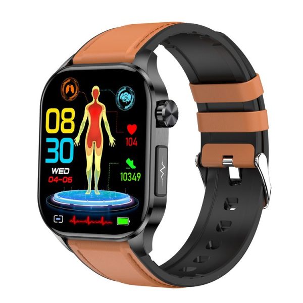ET580 2.04 inch AMOLED Screen Sports Smart Watch Support Bluetooth Call / ECG Function (Brown Leather Band)
