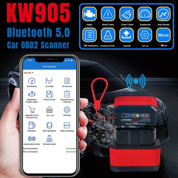 KONNWEI KW905 Bluetooth 5.0 Car OBD2 Scanner Support Android & iOS (Black) - Image 2