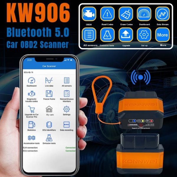 KONNWEI KW906 Bluetooth 5.0 Car OBD2 Scanner Support Android & iOS (Black Red) - Image 2